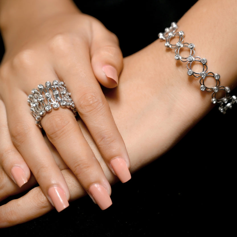 18K Gold Silver CZ Adjustable Free Size Bracelet Cum Ring Bulk