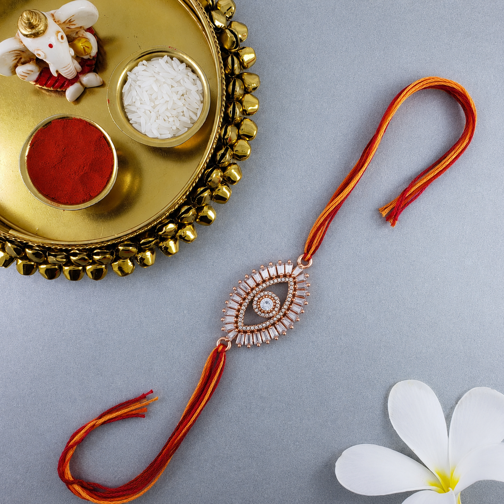 Oval Evil Eye Rose Gold Plated CZ Red Orange Thread Rakhi For Men Bulk