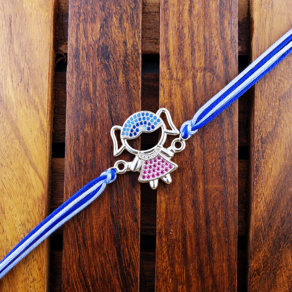 Cute Girl Charm Silver Plated CZ Blue White Thread Rakhi For Men Bulk