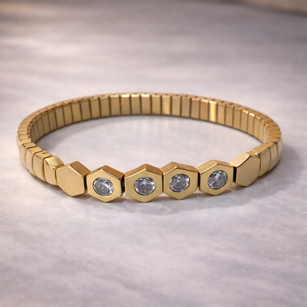 Wholesale Stretchable Hexagon Gold Plated CZ Stainless Steel Bracelet Main image