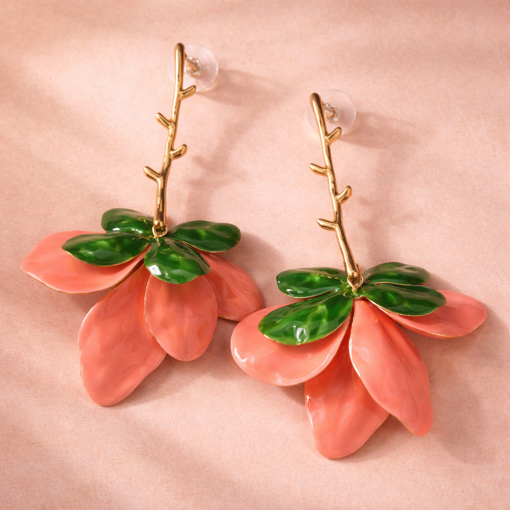 Bulk Pink Green Flower Gold Plated Plain Dangler Earrings For Women