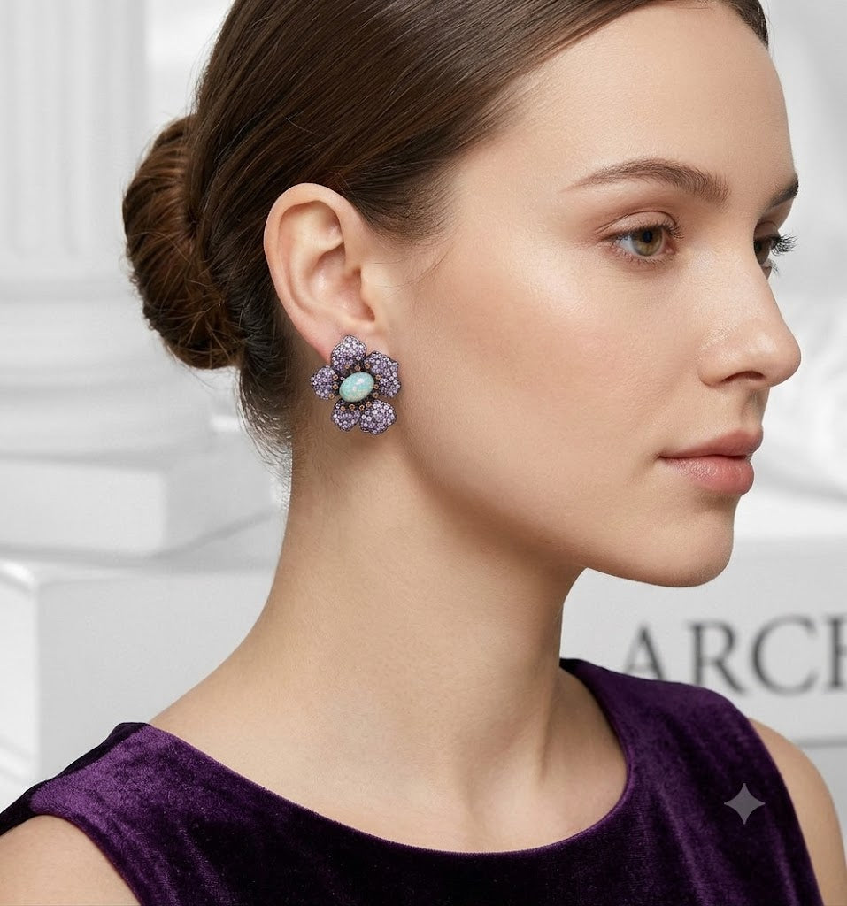 Luxury Black Rhodium Purple CZ Opal Floral Alloy Stud Earrings Bulk