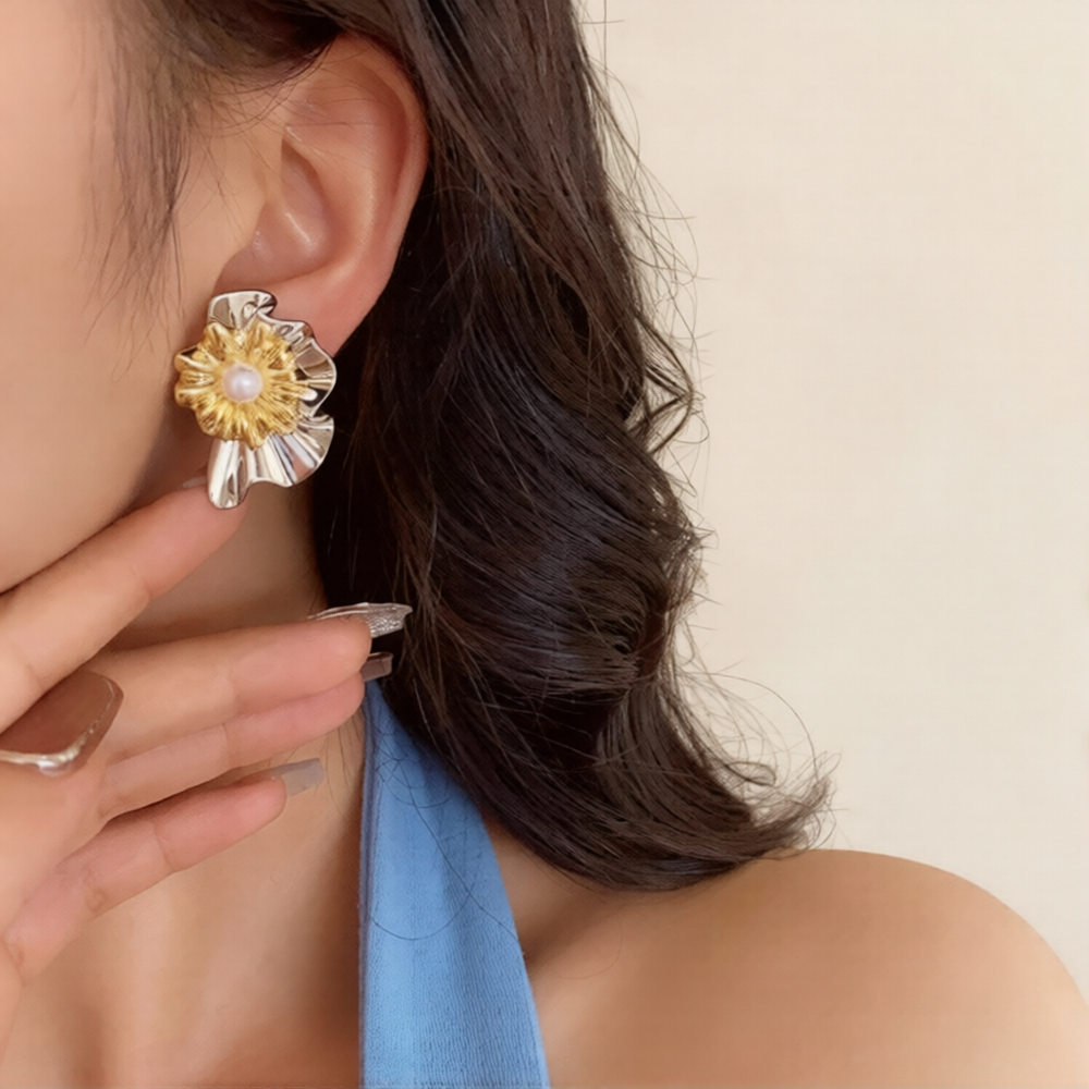 Luxury Dual Tone Floral Gold Silver Pearl Copper Stud Earrings Bulk