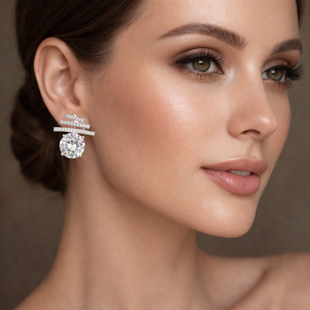 White Designer Layered Bar Round Silver CZ Copper Stud Earrings Bulk Secondary image