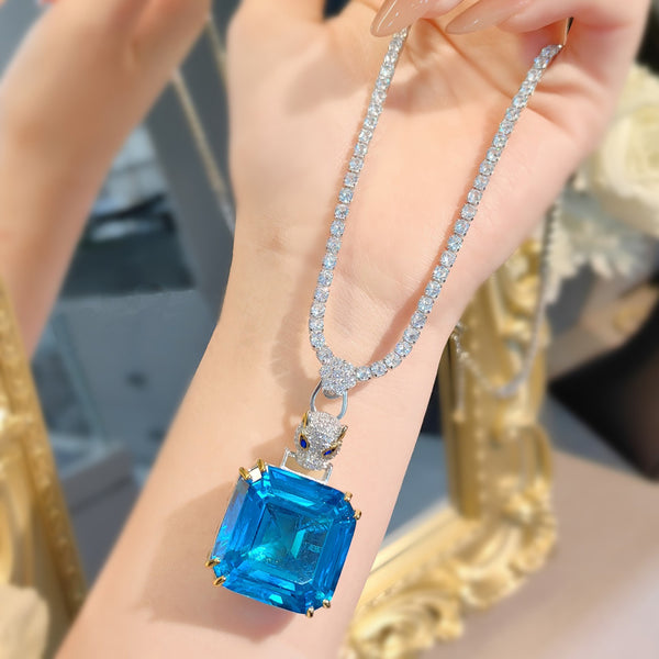 Panther Princess Cut Solitaire Pink Blue Yellow Silver Cubic Zirconia Anti Tarnish Necklace For Women Secondary image