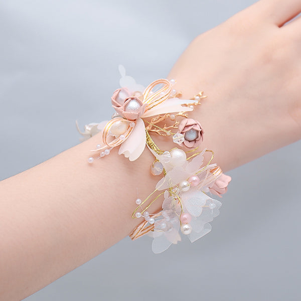 Floral Flower Pink 18K Gold Plated Pearl Fabric Bracelet Women Bulk Main image