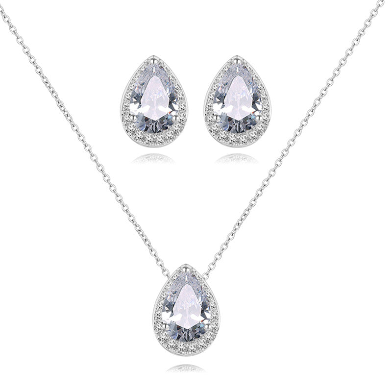 Luxury Pear Shape Rose Silver Gold CZ Copper Necklace Earring Set Bulk