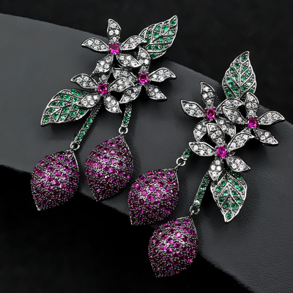 Studded Flower Leaf Gold Black Silver Anti Tarnish Dangler Earring For Women