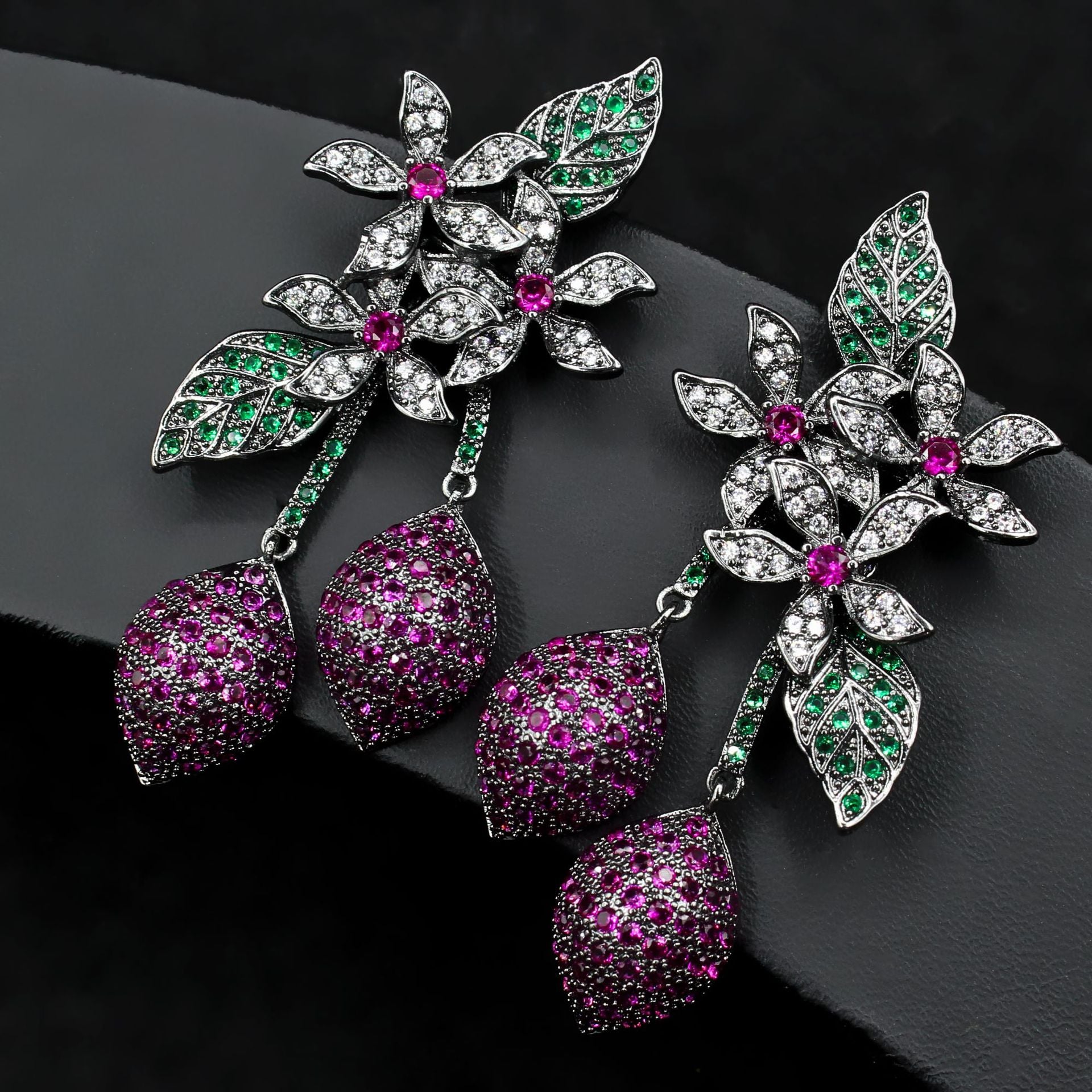 Studded Flower Leaf Gold Black Silver Anti Tarnish Dangler Earring For Women