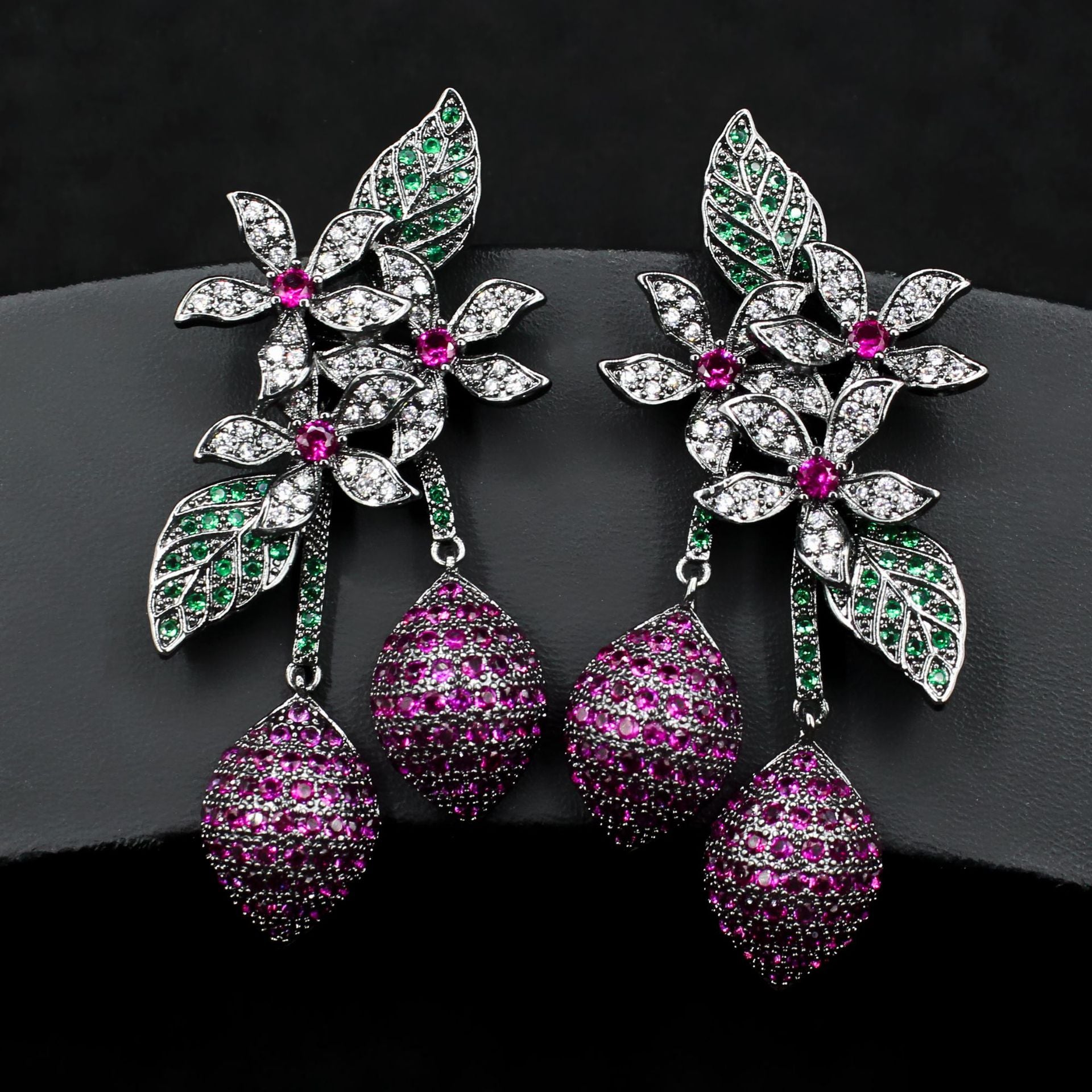 Studded Flower Leaf Gold Black Silver Anti Tarnish Dangler Earring For Women Secondary image