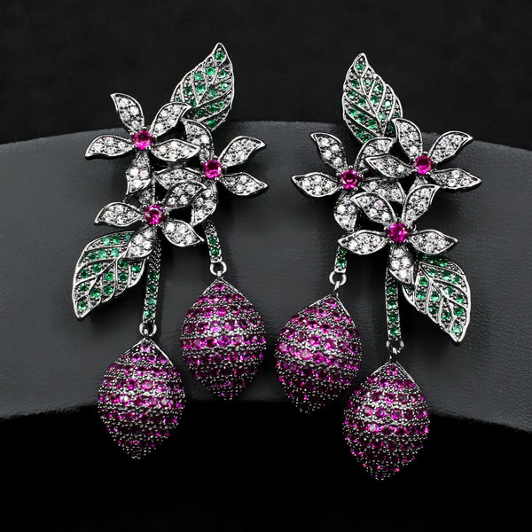 Studded Flower Leaf Gold Black Silver Anti Tarnish Dangler Earring For Women Secondary image