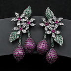 Studded Flower Leaf Gold Black Silver Anti Tarnish Dangler Earring For Women