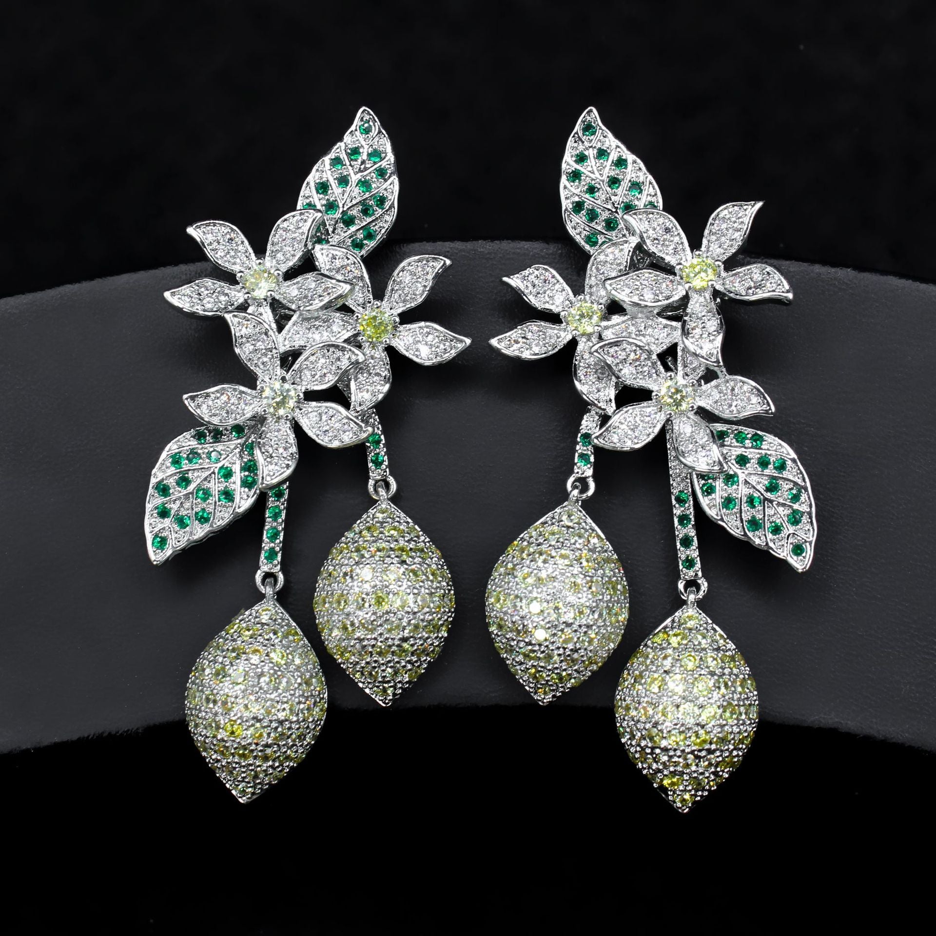 Studded Flower Leaf Gold Black Silver Anti Tarnish Dangler Earring For Women