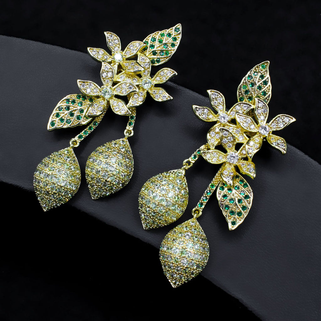Studded Flower Leaf Gold Black Silver Anti Tarnish Dangler Earring For Women