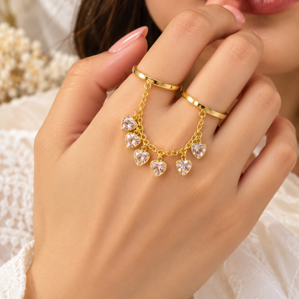 Designer Multi Finger Gold Plated CZ Heart Chain Adjustable Ring Bulk