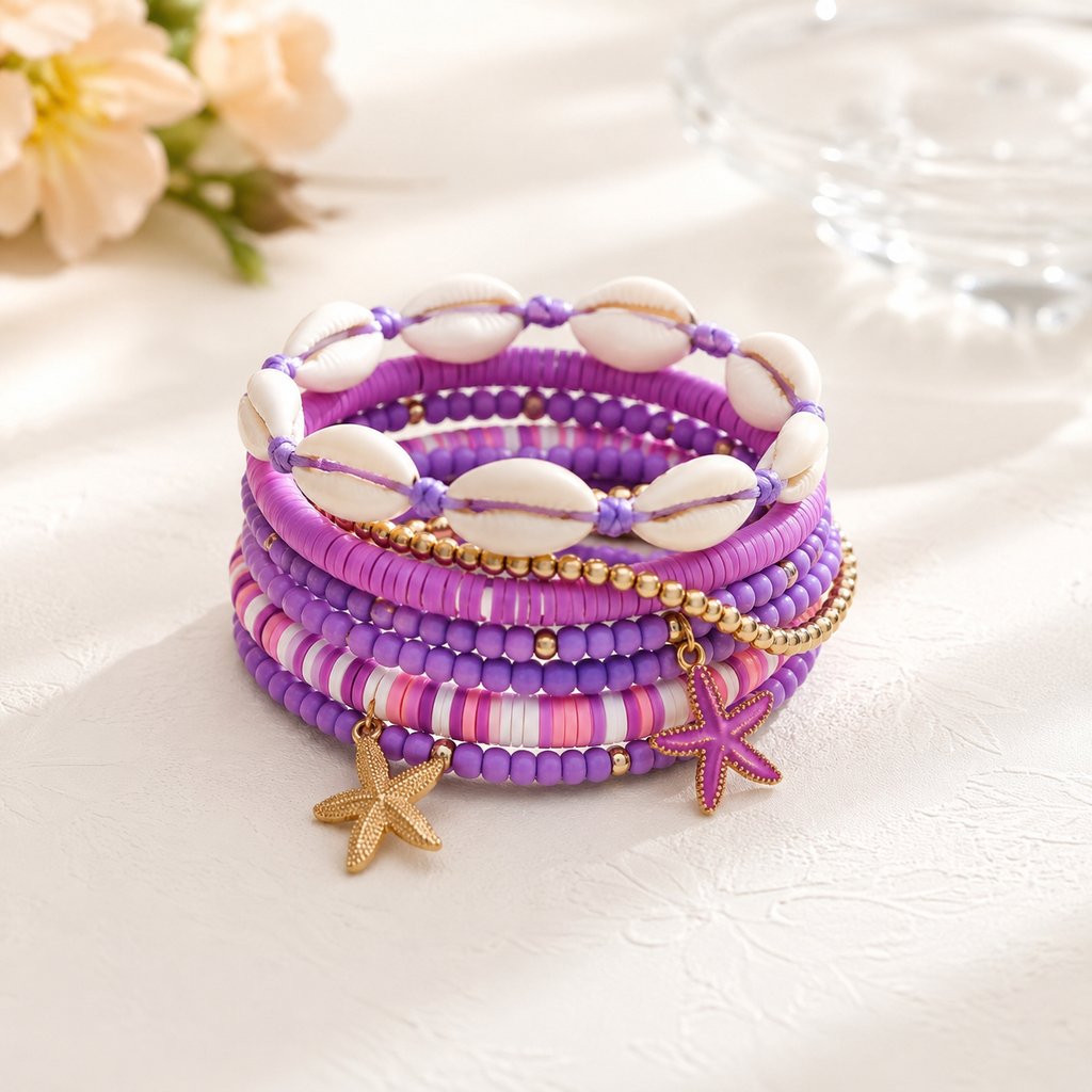 Purple Shell & Starfish Layered Gold Plated Beads Alloy Bracelet Bulk