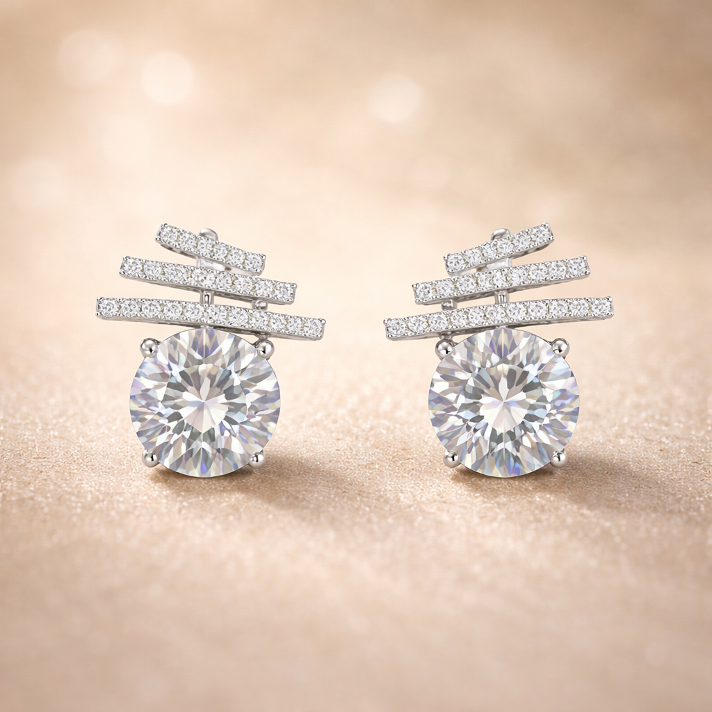 White Designer Layered Bar Round Silver CZ Copper Stud Earrings Bulk
