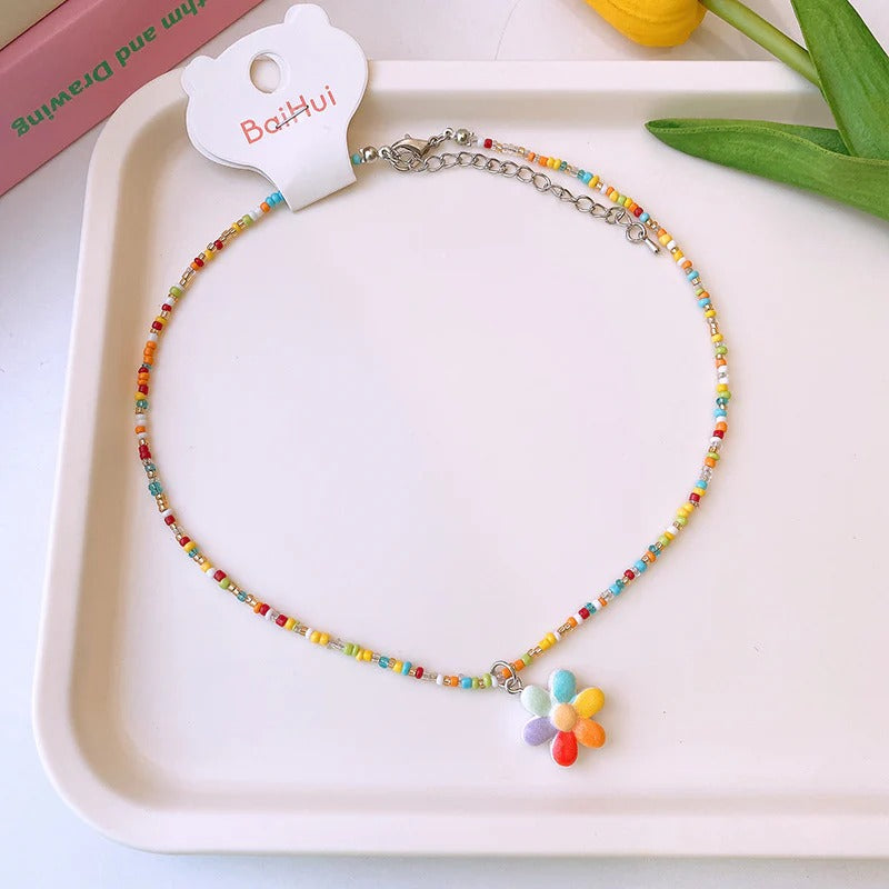 Daisy Rainbow Flower Multi Beaded Silver Charm Necklace Kids Bulk Main image