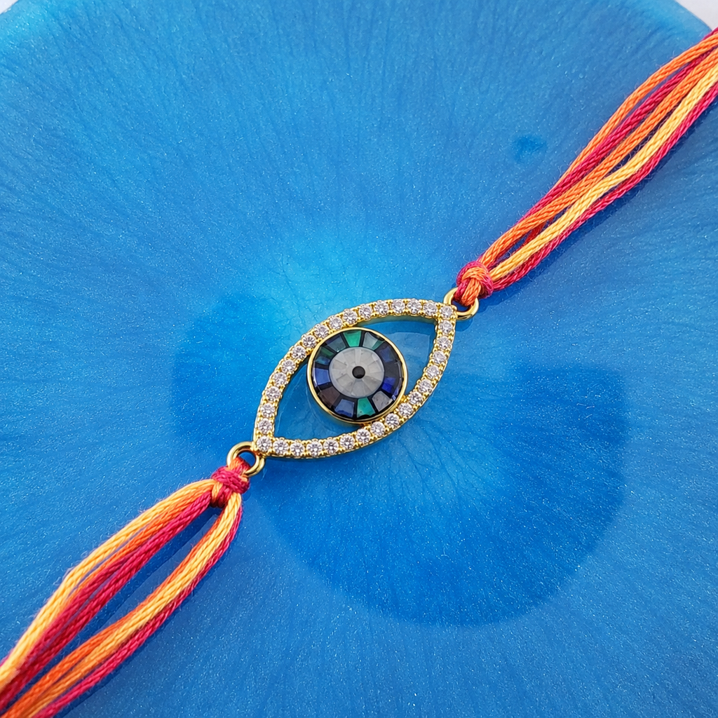 Multi Color Evil Eye Gold CZ Red Orange Thread Rakhi For Men Bulk