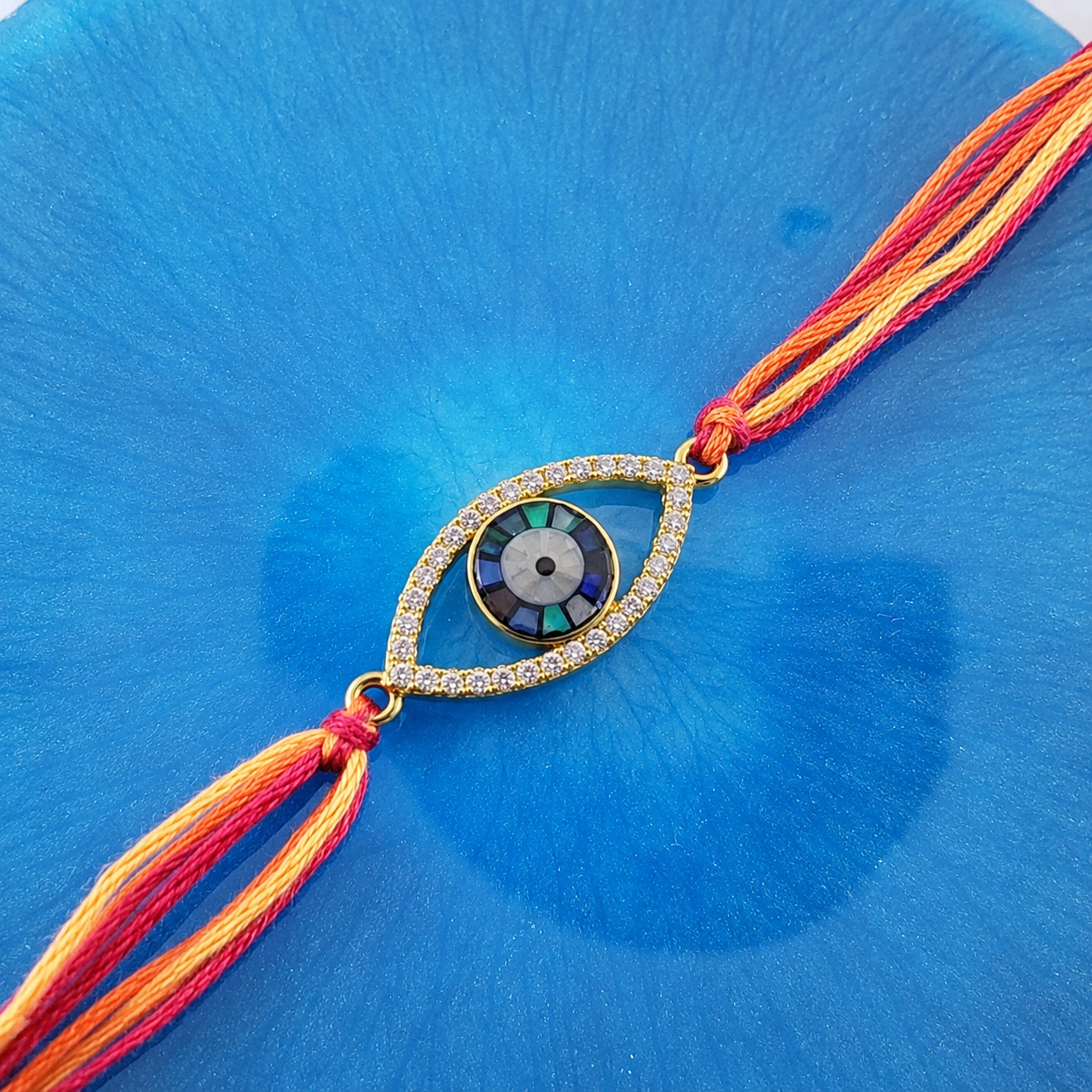 Multi Color Evil Eye Gold CZ Red Orange Thread Rakhi For Men Bulk