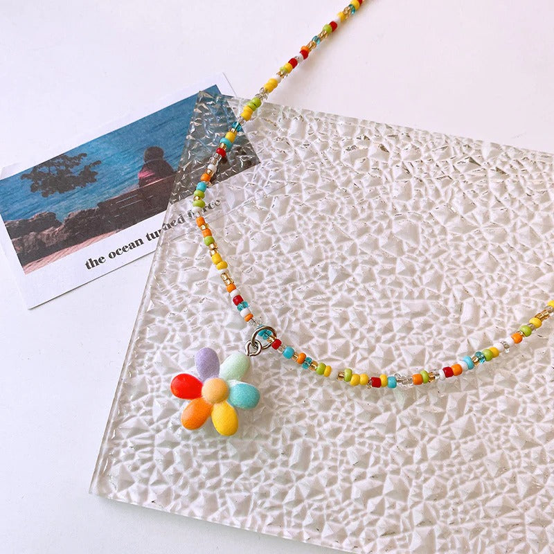 Daisy Rainbow Flower Multi Beaded Silver Charm Necklace Kids Bulk