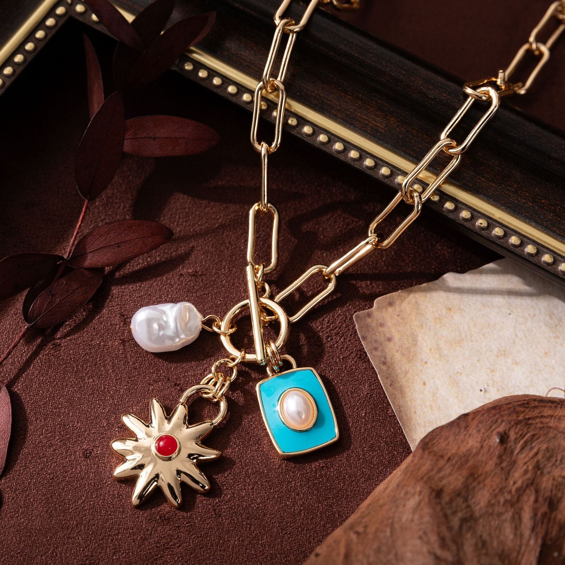 Star Sun Gold Blue Pearl Enamel Anti Tarnish Link Chain Necklace Bulk Main image