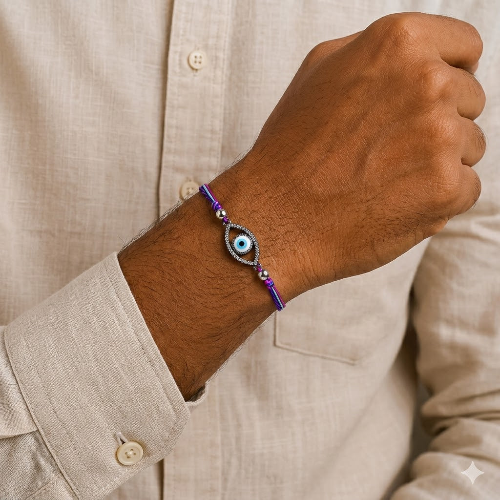 Oval Evil Eye Black CZ Pink Blue White Thread Rakhi For Men Wholesale