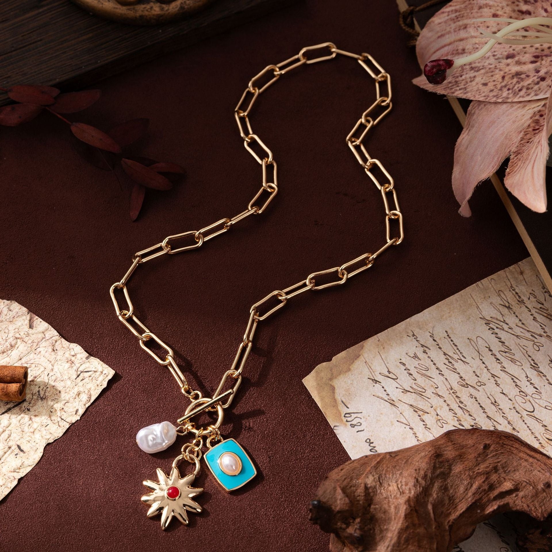 Star Sun Gold Blue Pearl Enamel Anti Tarnish Link Chain Necklace Bulk