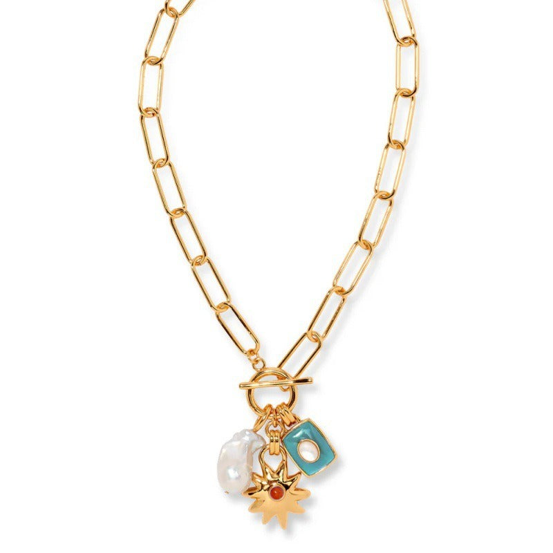 Star Sun Gold Blue Pearl Enamel Anti Tarnish Link Chain Necklace Bulk