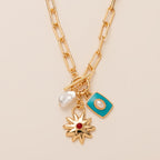Star Sun Gold Blue Pearl Enamel Anti Tarnish Link Chain Necklace Bulk