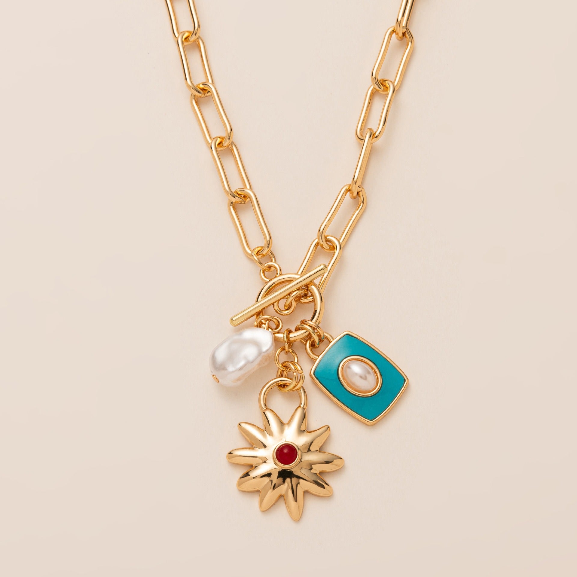 Star Sun Gold Blue Pearl Enamel Anti Tarnish Link Chain Necklace Bulk