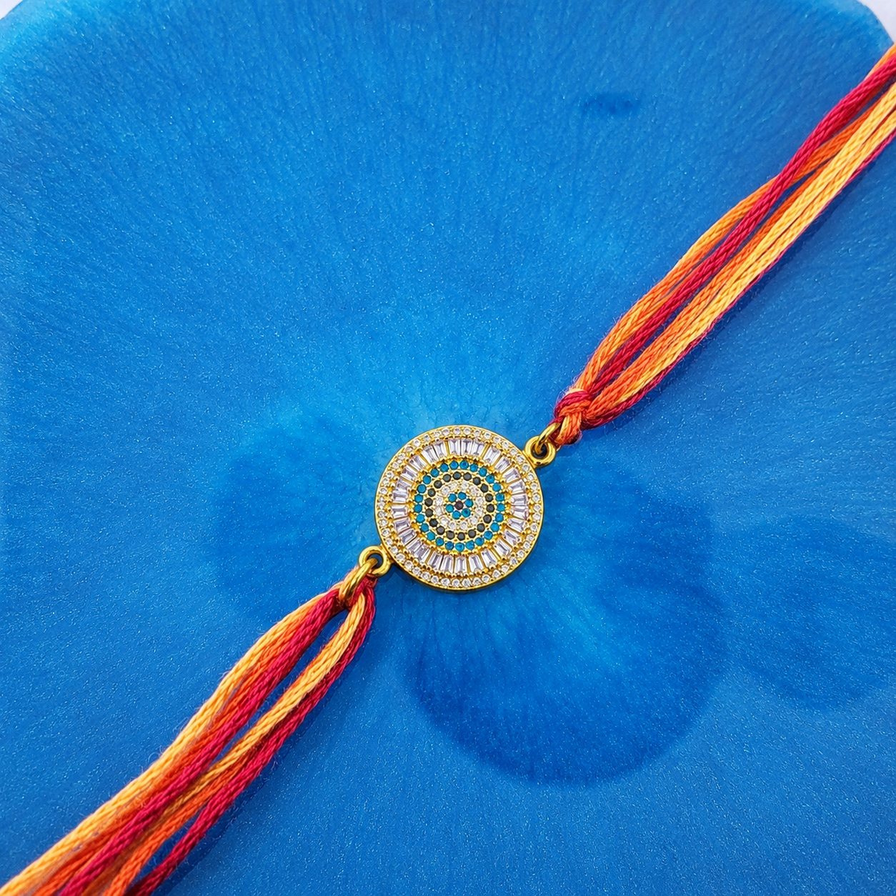 Blue Round Evil Eye Gold Plated CZ Red Orange Thread Rakhi For Men Bulk Secondary image