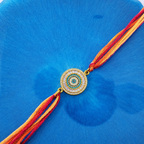 Blue Round Evil Eye Gold Plated CZ Red Orange Thread Rakhi For Men Bulk