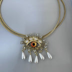 Evil Eye Blue Cubic Zirconia Pearl 18k Gold Anti Tarnish Snake Necklace Pendant Chain For Women
