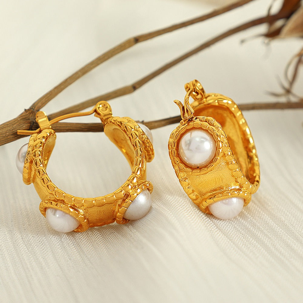 18K Gold Plated White Pearl Stainless Steel Hook Earrings Women Bulk