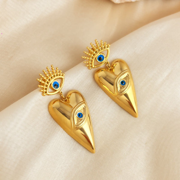 Triangle Evil Eye Blue Gold Stainless Steel Dangler Earring Women Bulk Main image
