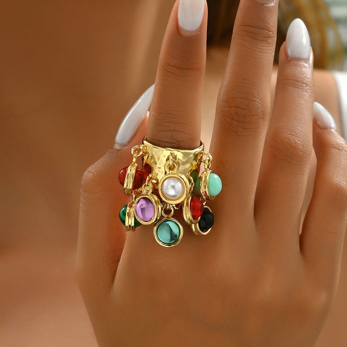 Hanging Charm Green Gold Anti Tarnish Free Size Band Ring Women Bulk Secondary image