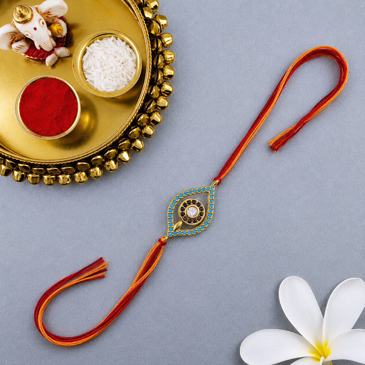 Designer Evil Eye Gold Plated Blue Black CZ Red Orange Thread Rakhi For Men
