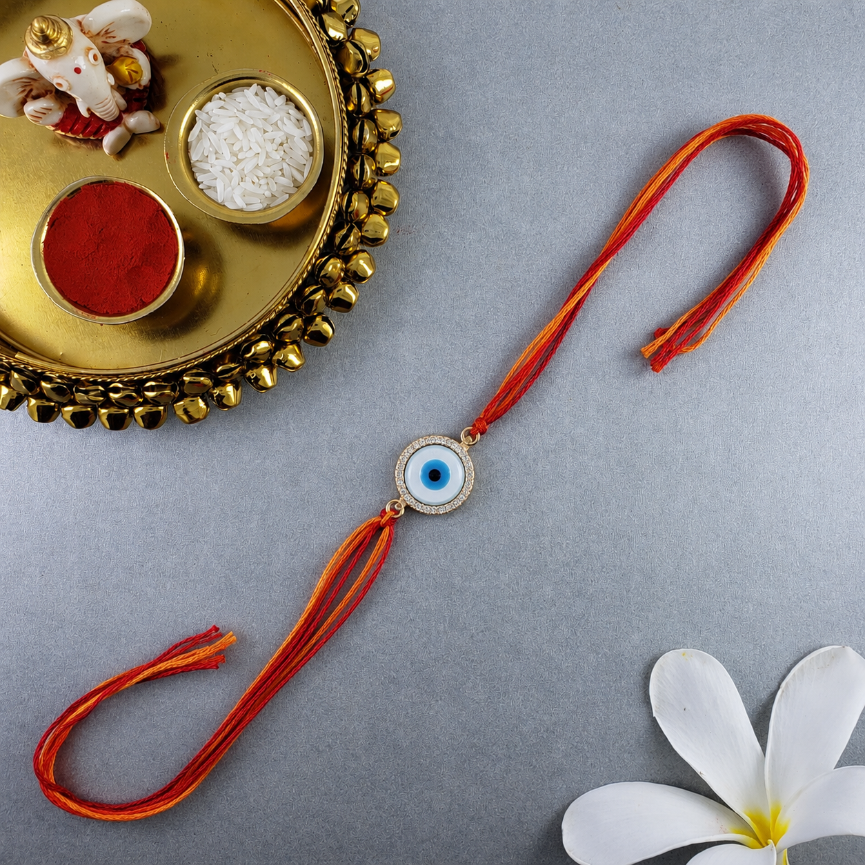 Round Evil Eye Rose Gold Plated CZ Mother of Pearl Thread Rakhi Bulk