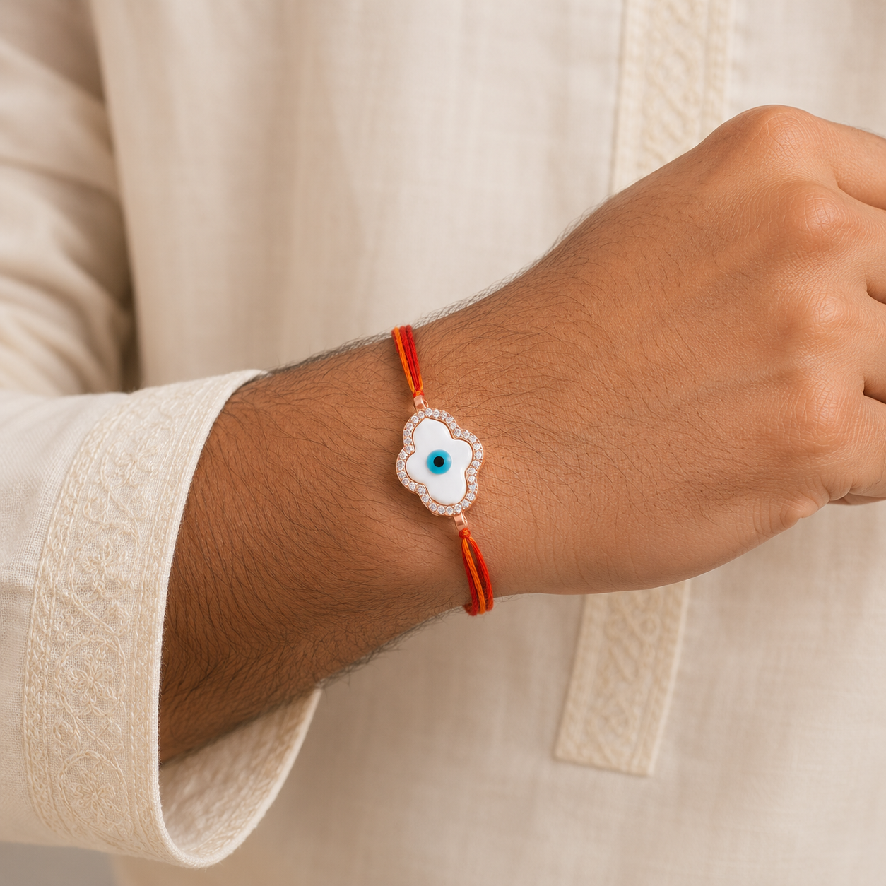 Floral Evil Eye Rose Gold Plated CZ Mother of Pearl Thread Rakhi Bulk