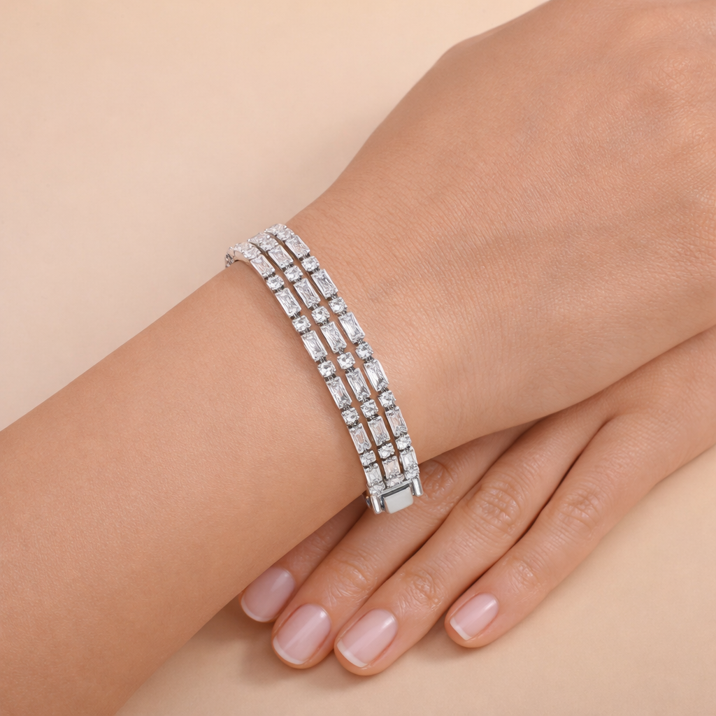 Bulk Baguette Cut Gold Silver Plated CZ Anti Tarnish Copper Bracelet