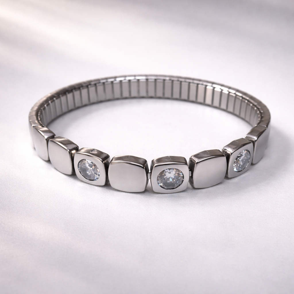 Wholesale Stretchable Square Design Silver CZ Stainless Steel Bracelet