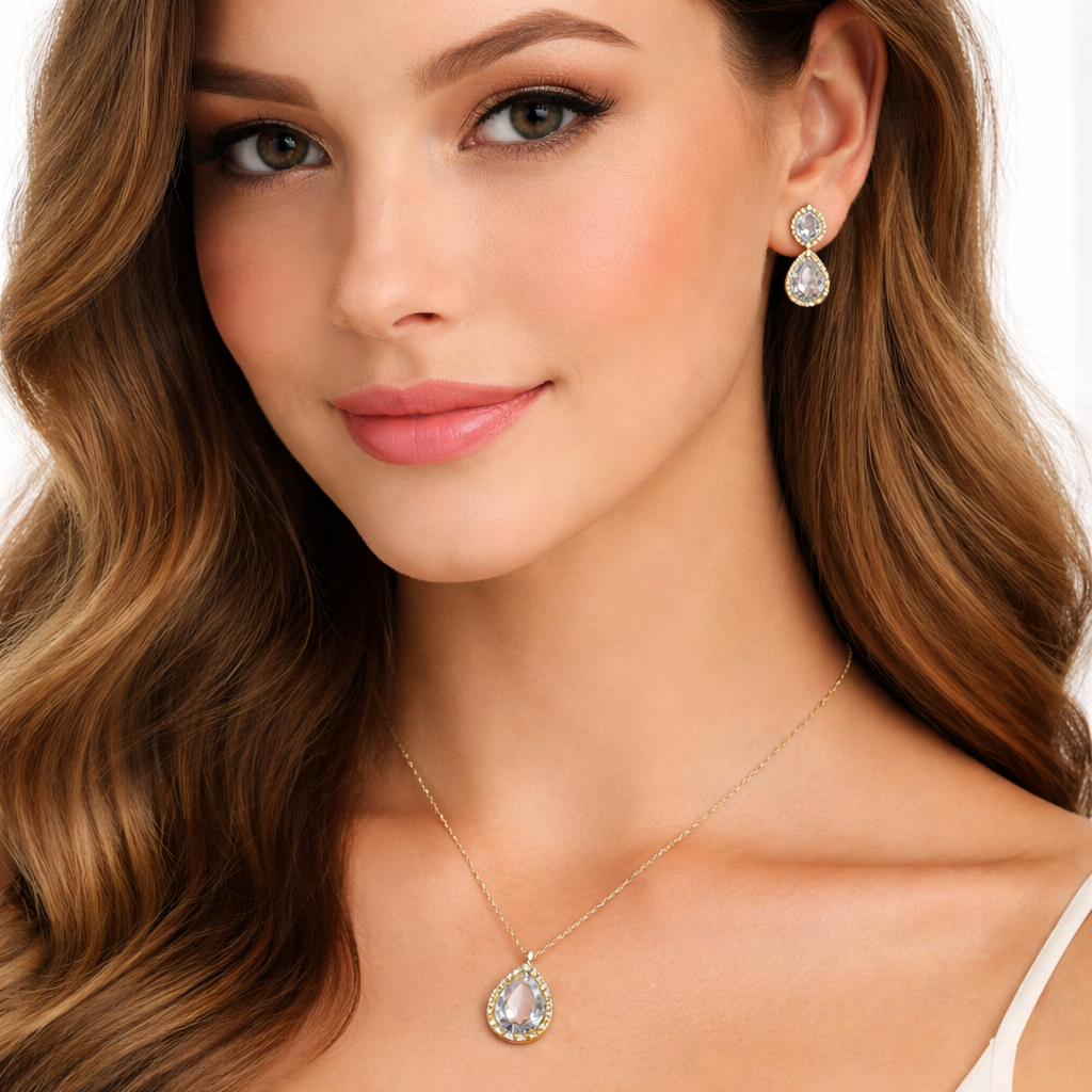 Luxury Pear Shape Rose Silver Gold CZ Copper Necklace Earring Set Bulk Main image
