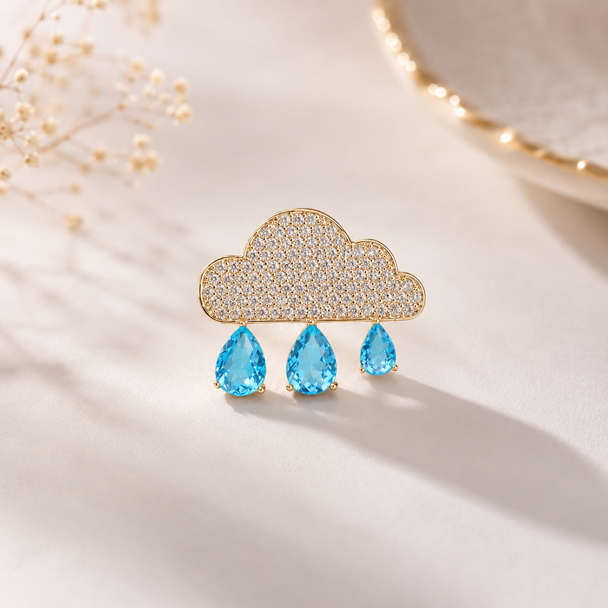 Blue Rain Cloud Style Gold CZ Copper Anti Tarnish Brooch Wholesale