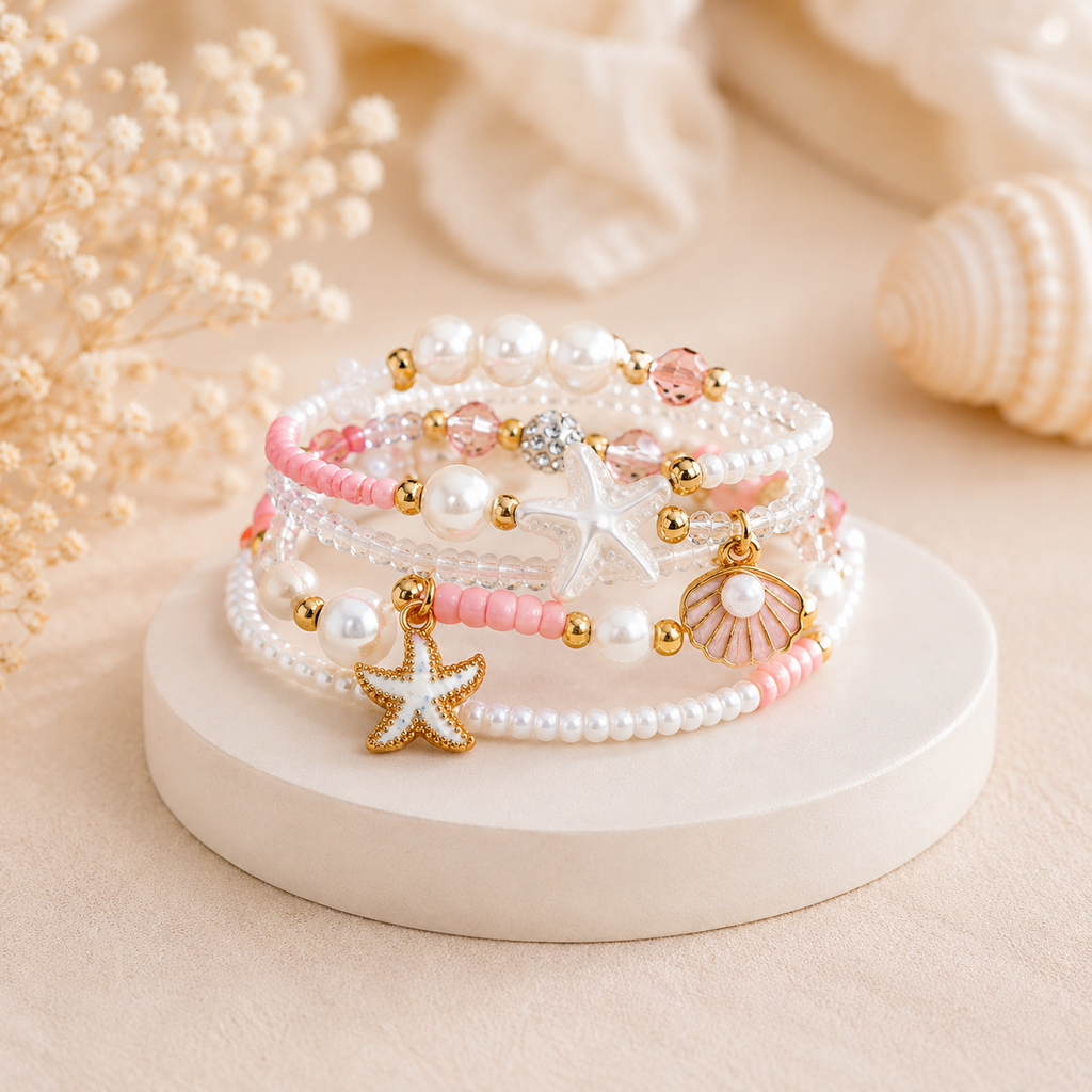Pink Crystal Starfish Charm Layered Gold Pearl Beads Alloy Bracelet Bulk