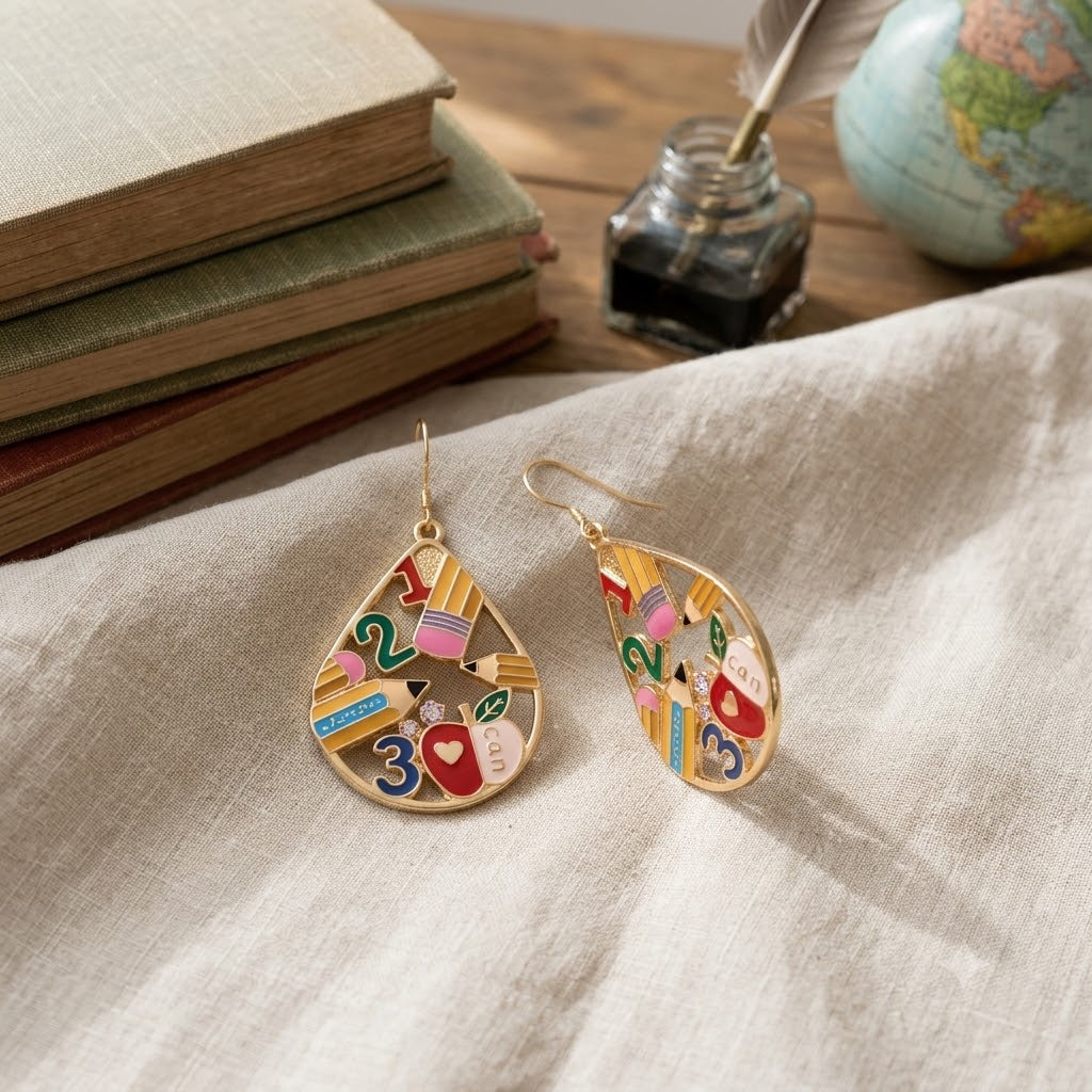 Multi Color Enamel Pencil & Number Gold Teardrop Dangler Earrings Bulk
