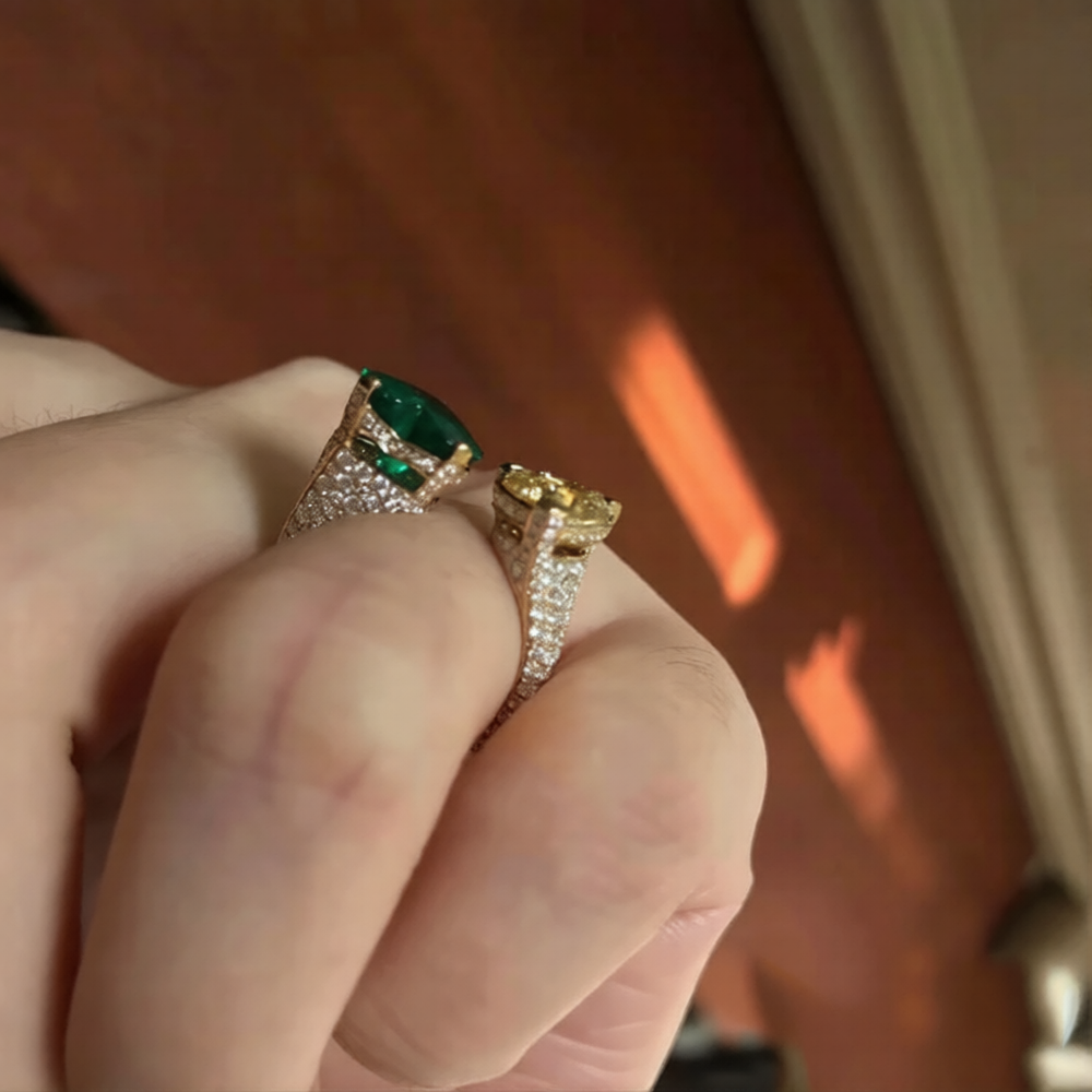Dual Heart Emerald Gold Plated CZ Copper Anti Tarnish Fancy Ring Bulk