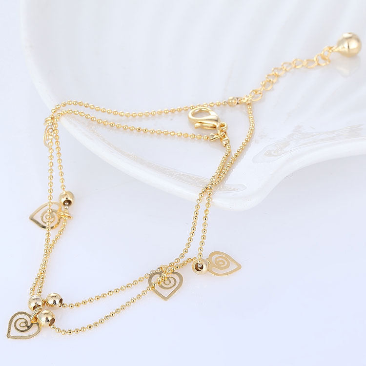 Elegant Gold Plated Triple Heart Charm Beaded Chain Anklets Wholesale
