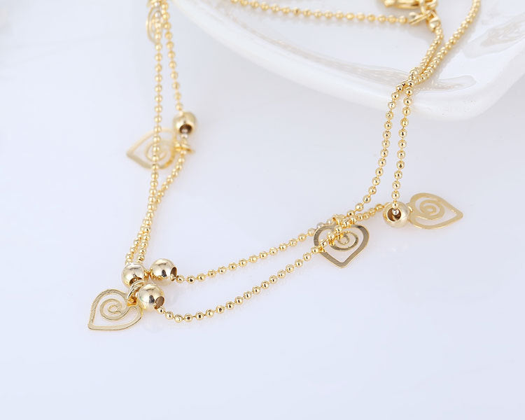 Elegant Gold Plated Triple Heart Charm Beaded Chain Anklets Wholesale