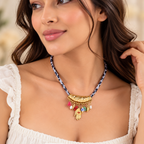 Multicolor Enamel & Faux Pearl Tribal Charm Gold Plated Necklace Bulk